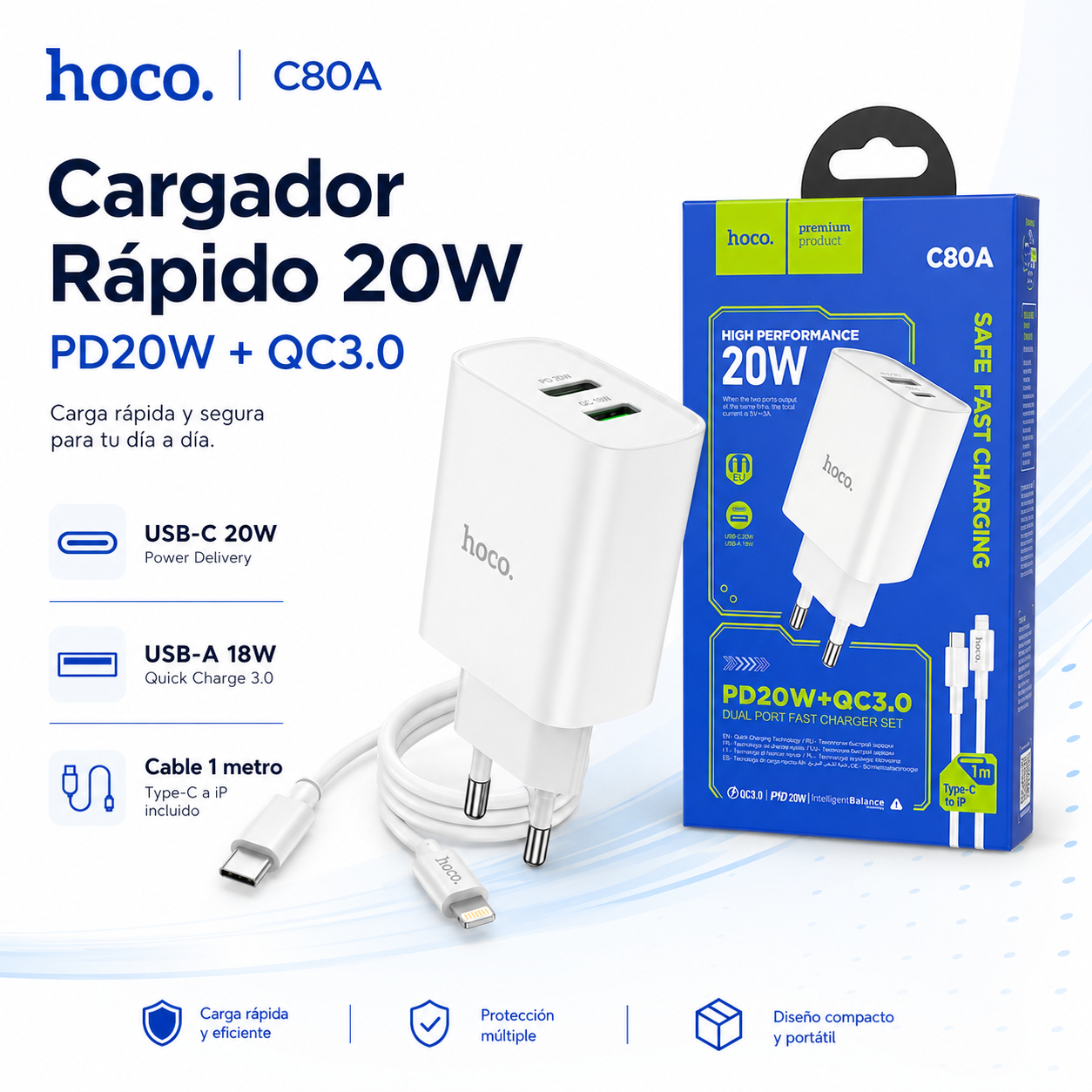 Cargador Hoco C80A 20W Para iPhone Cable Tipo C Lightning-2