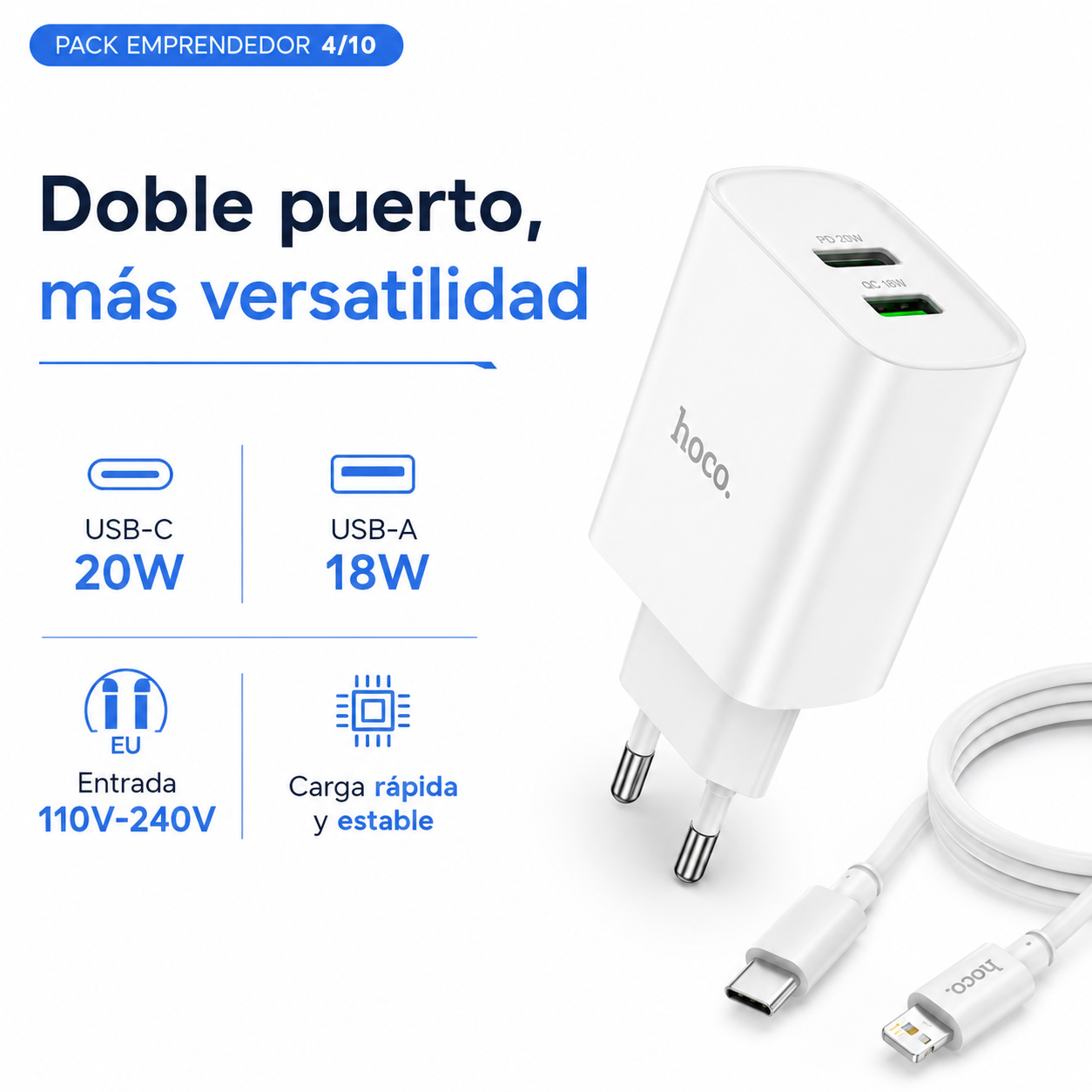 Cargador Hoco C80A 20W Para iPhone Cable Tipo C Lightning-3
