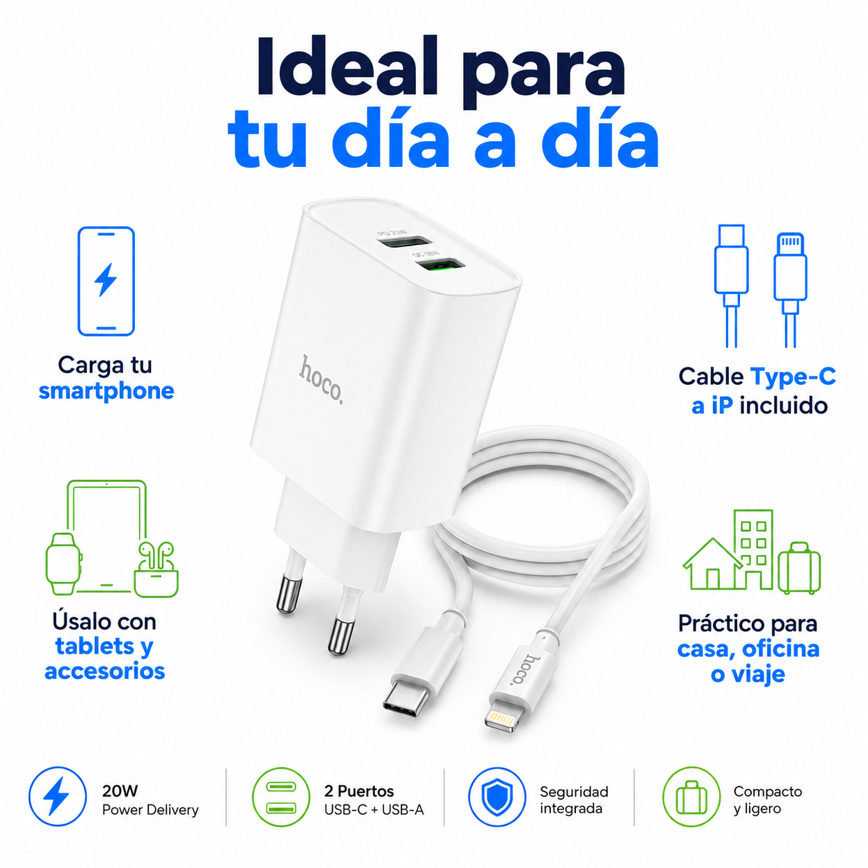 Cargador Hoco C80A 20W Para iPhone Cable Tipo C Lightning-4