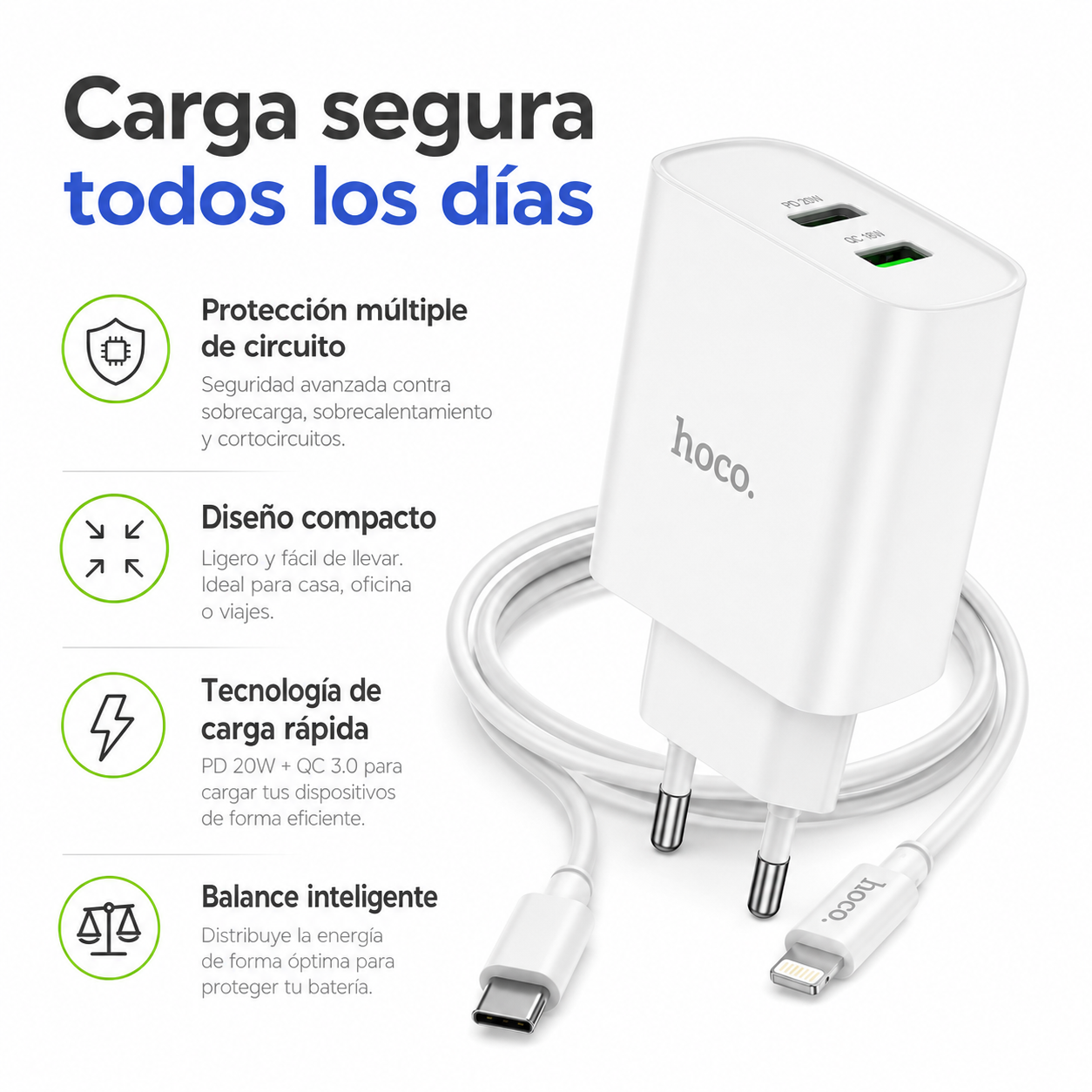 Cargador Hoco C80A 20W Para iPhone Cable Tipo C Lightning-5