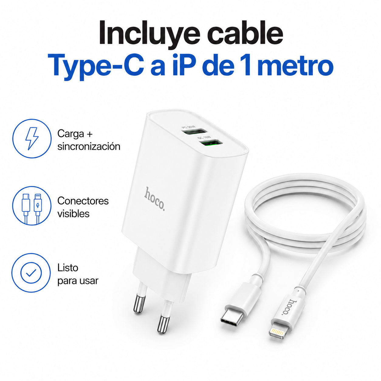 Cargador Hoco C80A 20W Para iPhone Cable Tipo C Lightning-6