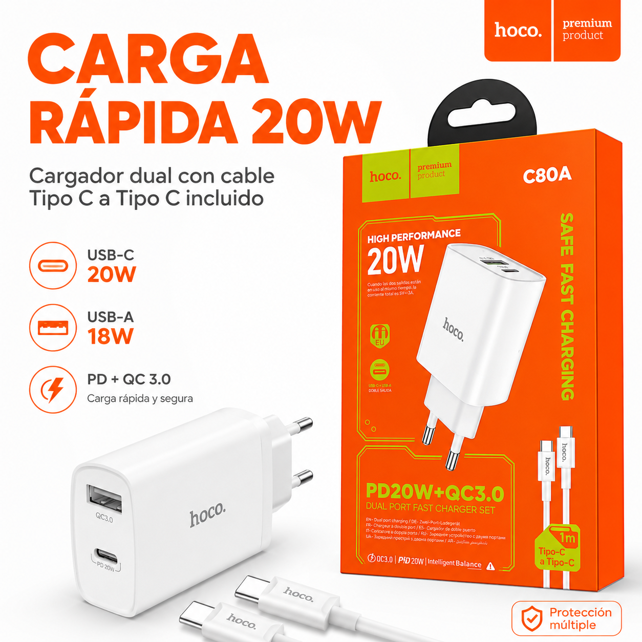 Cargador Hoco C80A 20W Con Cable Tipo C Carga R pida-2