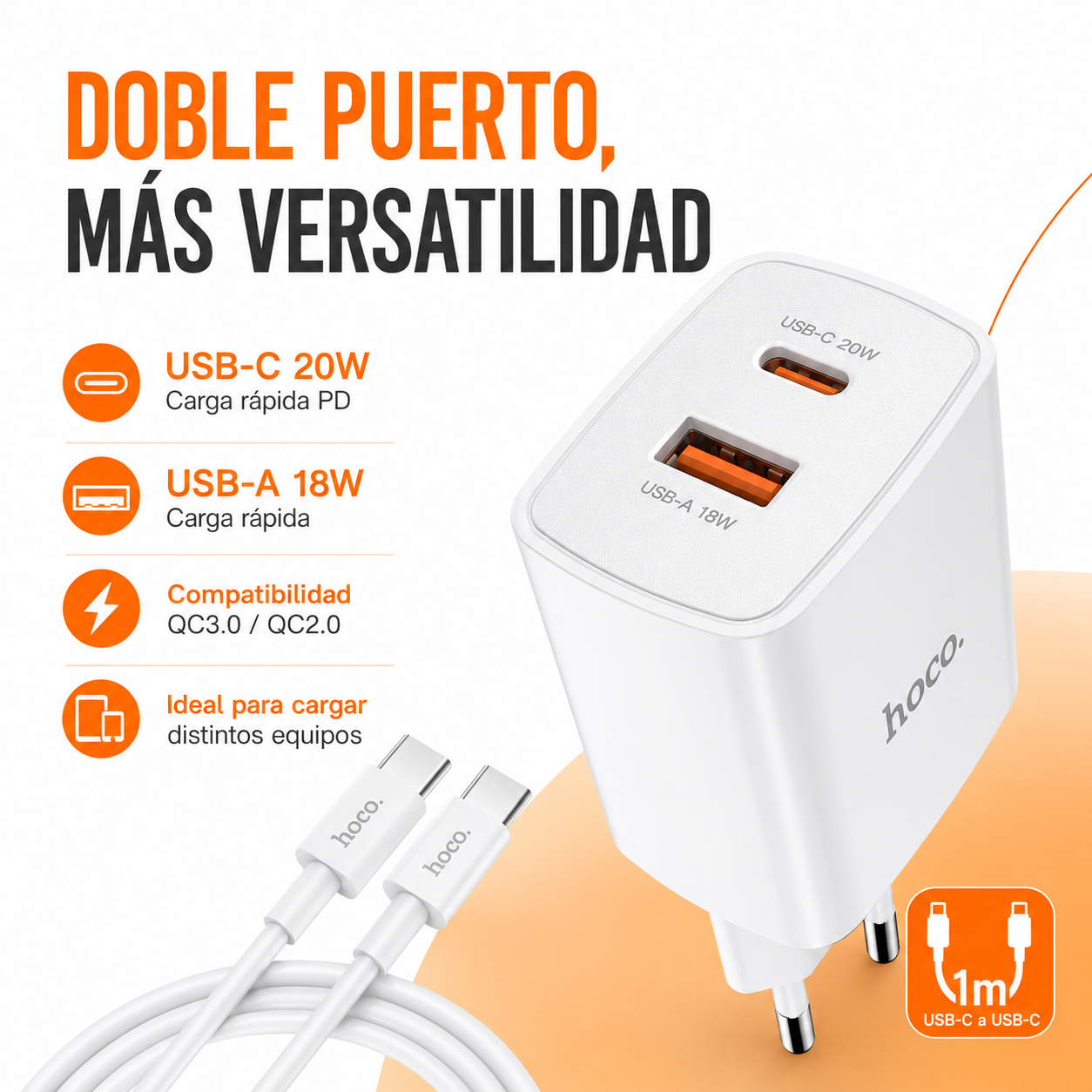 Cargador Hoco C80A 20W Con Cable Tipo C Carga R pida-3