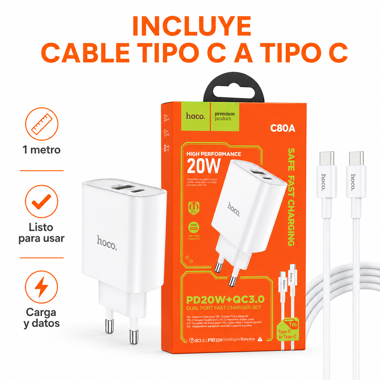 Cargador Hoco C80A 20W Con Cable Tipo C Carga R pida-4