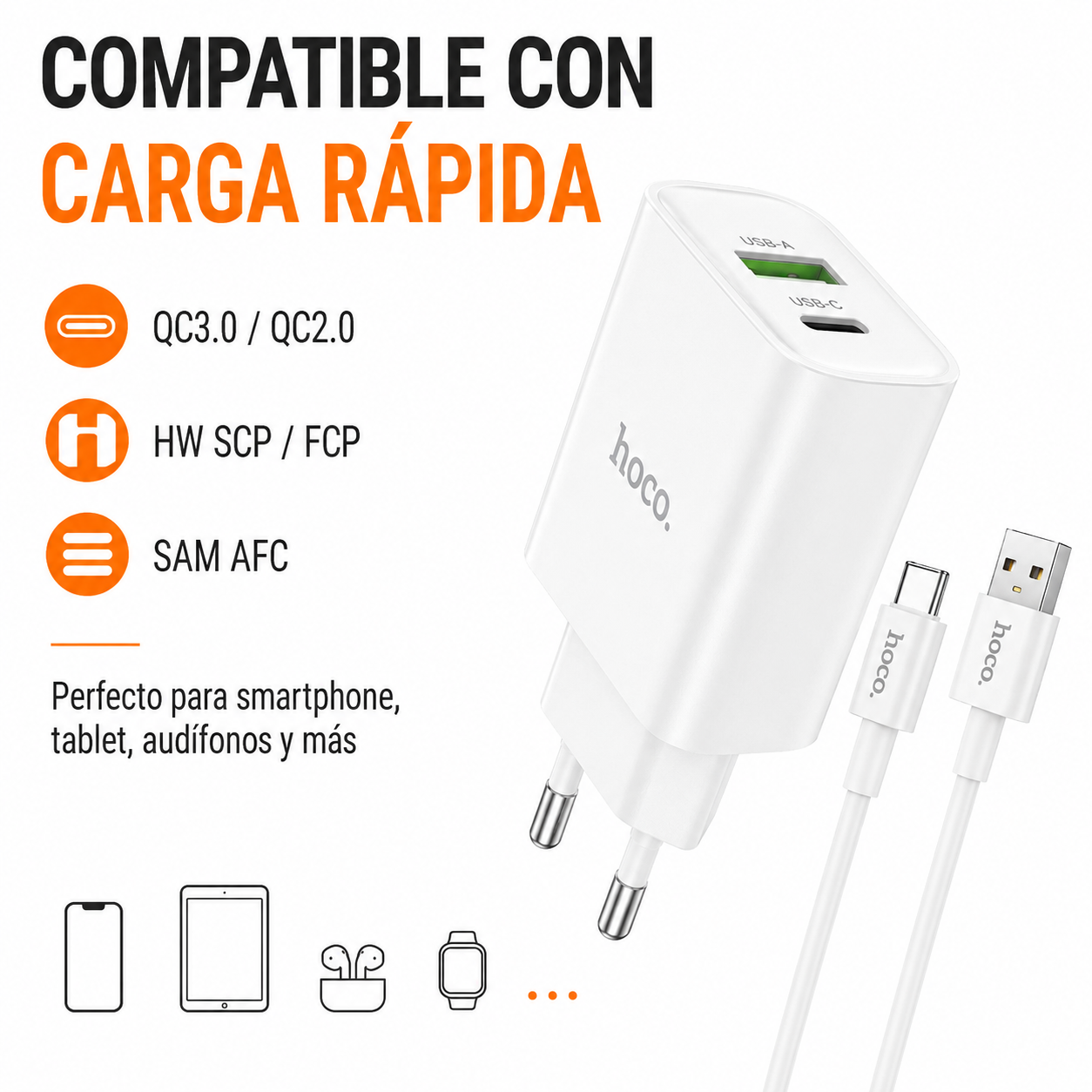 Cargador Hoco C80A 20W Con Cable Tipo C Carga R pida-5