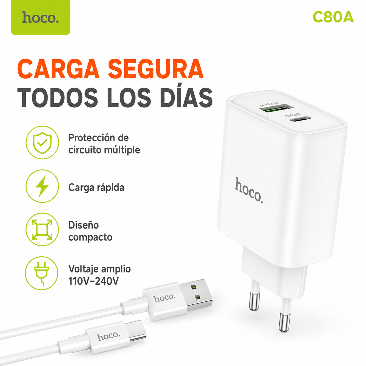 Cargador Hoco C80A 20W Con Cable Tipo C Carga R pida-6