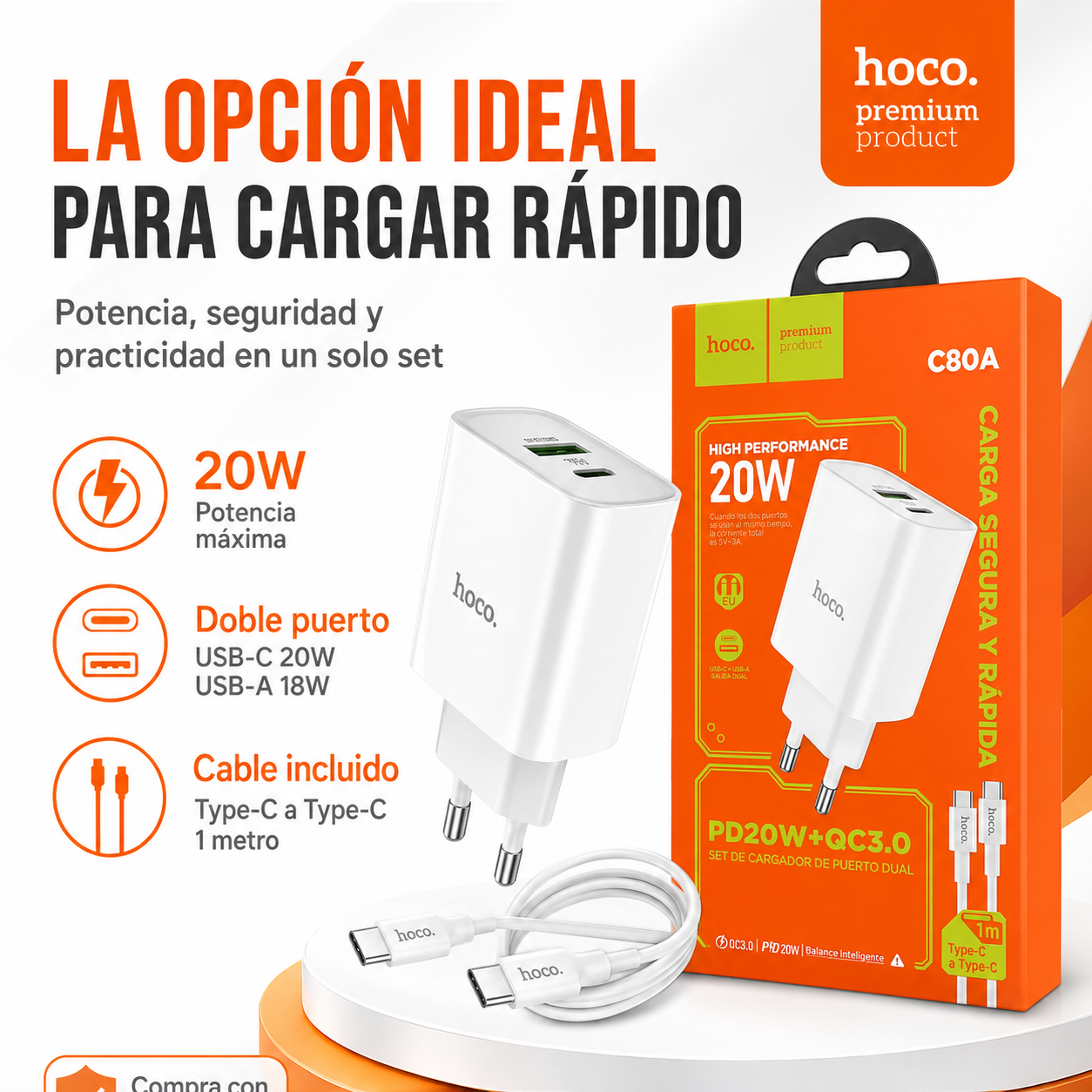 Cargador Hoco C80A 20W Con Cable Tipo C Carga R pida-8