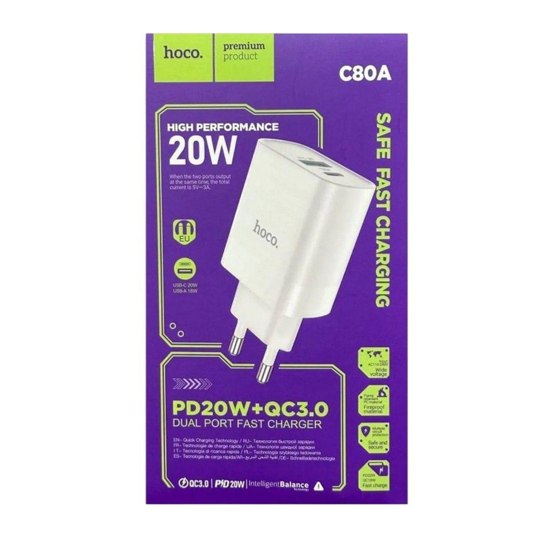 Adaptador Dual Hoco C80A PD20W Carga Rápida USB‑A + USB‑C-2