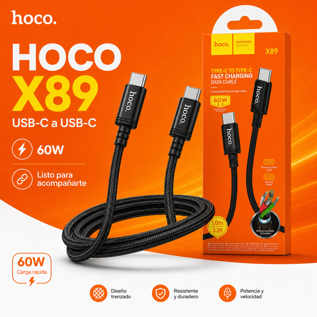 Cable USB C PD 60W Carga Rapida Datos 1 Metro-8