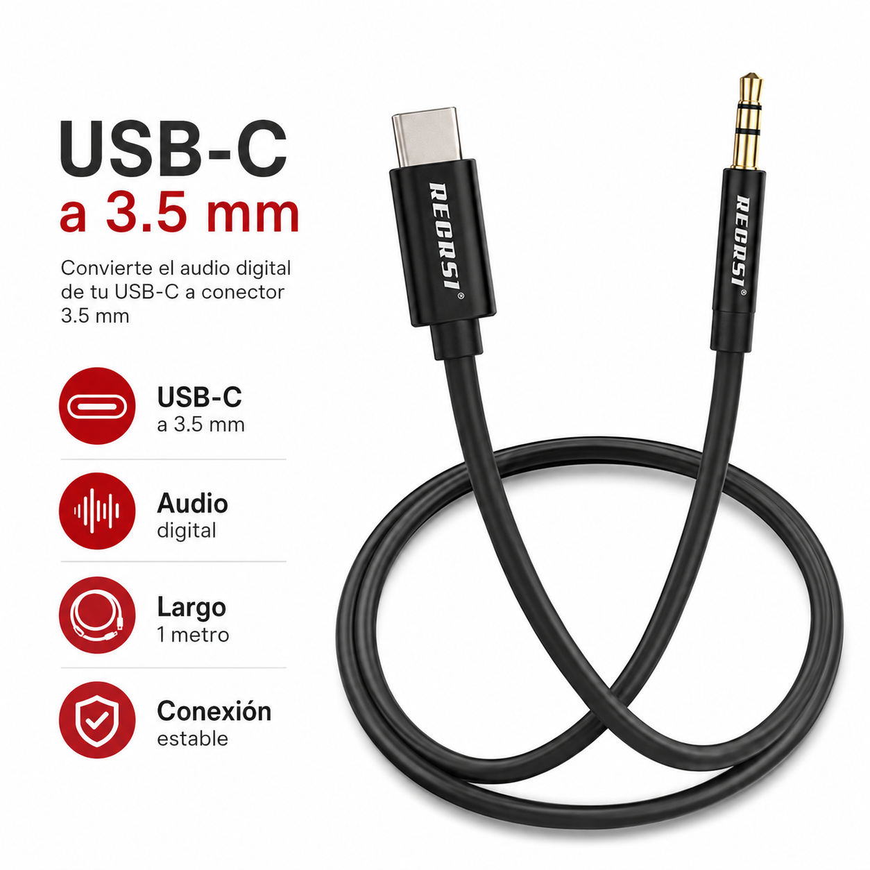 Cable Adaptador Usb C A Aux 3 5mm Audio 1 Metro Negro-2