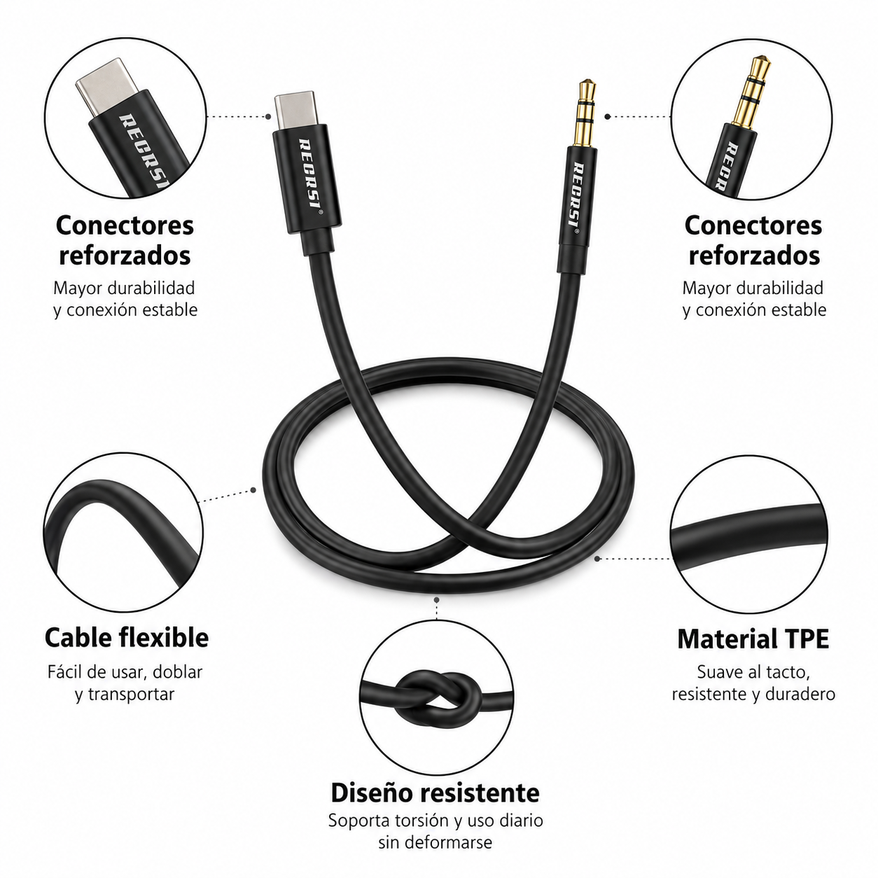 Cable Adaptador Usb C A Aux 3 5mm Audio 1 Metro Negro-4