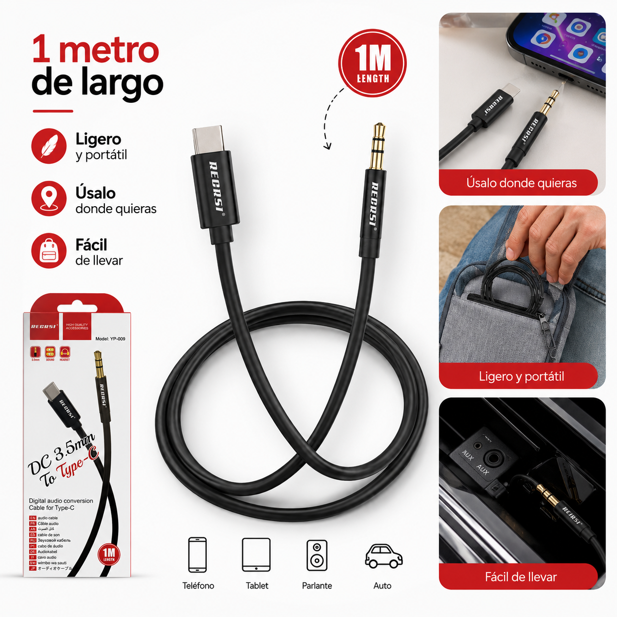 Cable Adaptador Usb C A Aux 3 5mm Audio 1 Metro Negro-5