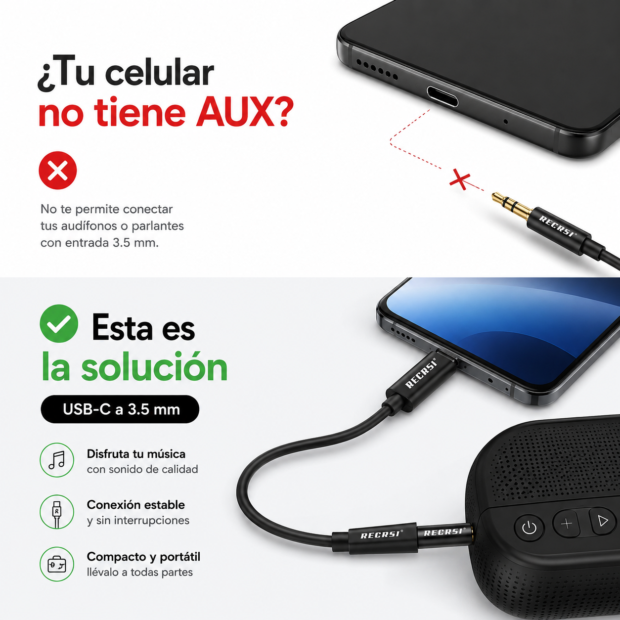 Cable Adaptador Usb C A Aux 3 5mm Audio 1 Metro Negro-6