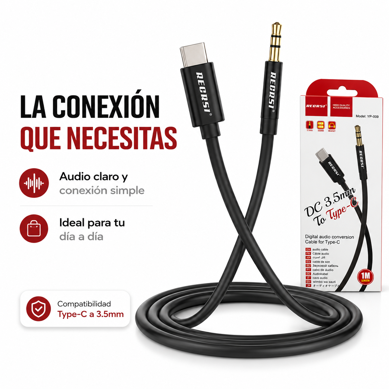 Cable Adaptador Usb C A Aux 3 5mm Audio 1 Metro Negro-7