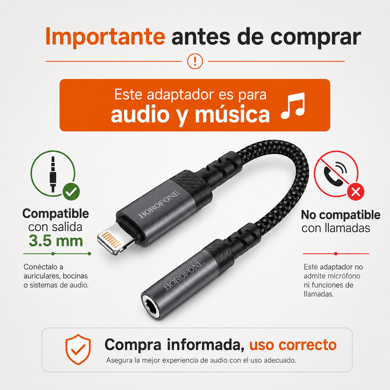 Cable Adaptador Lightning A 3 5mm Borofone BV24-7