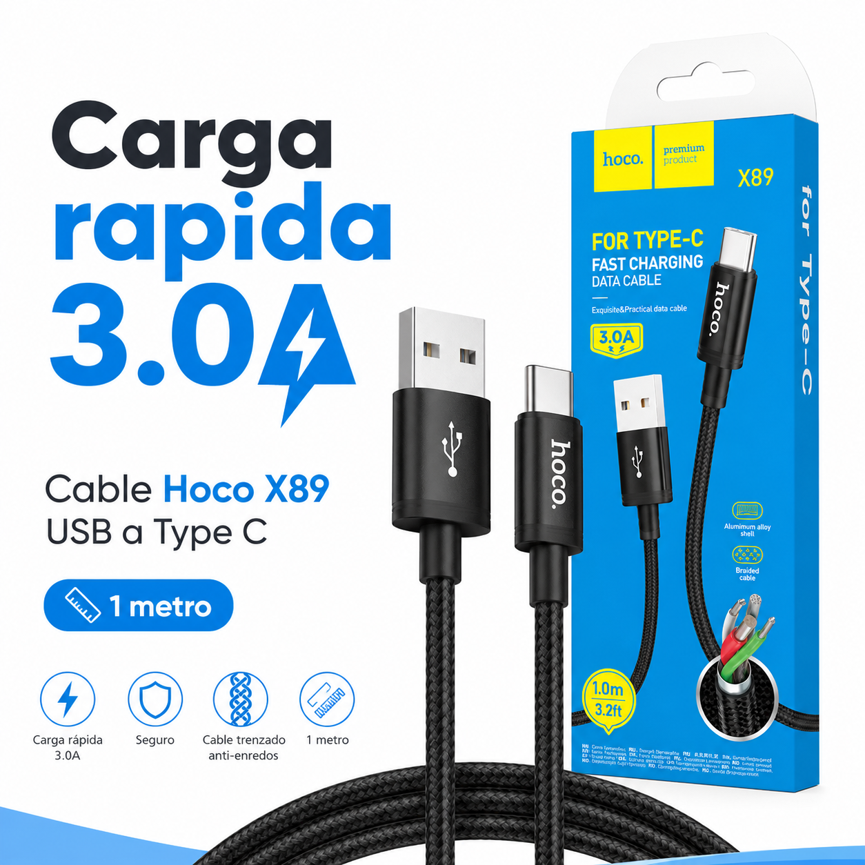 Cable USB A A USB C Hoco X89 Carga Rapida 3A 1 Metro Negro-2