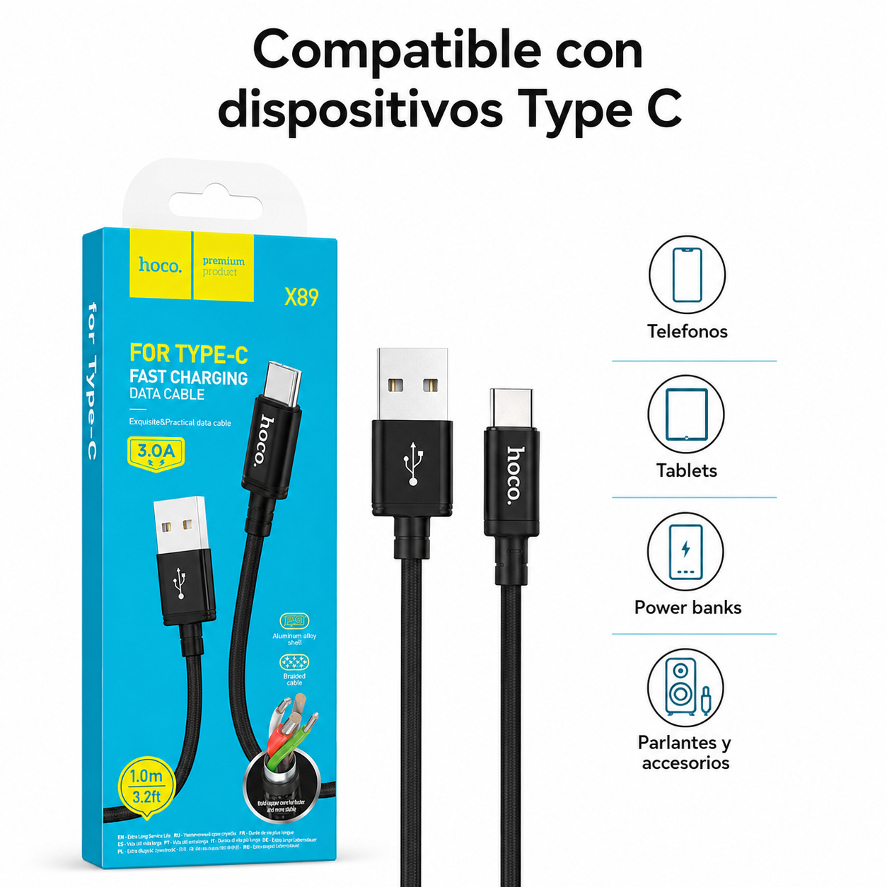 Cable USB A A USB C Hoco X89 Carga Rapida 3A 1 Metro Negro-3