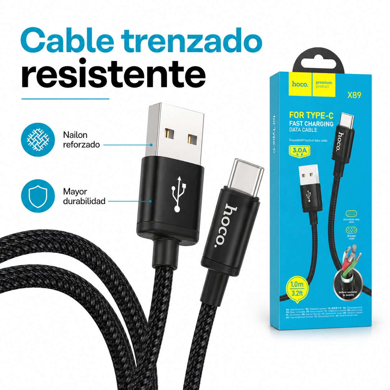 Cable USB A A USB C Hoco X89 Carga Rapida 3A 1 Metro Negro-4