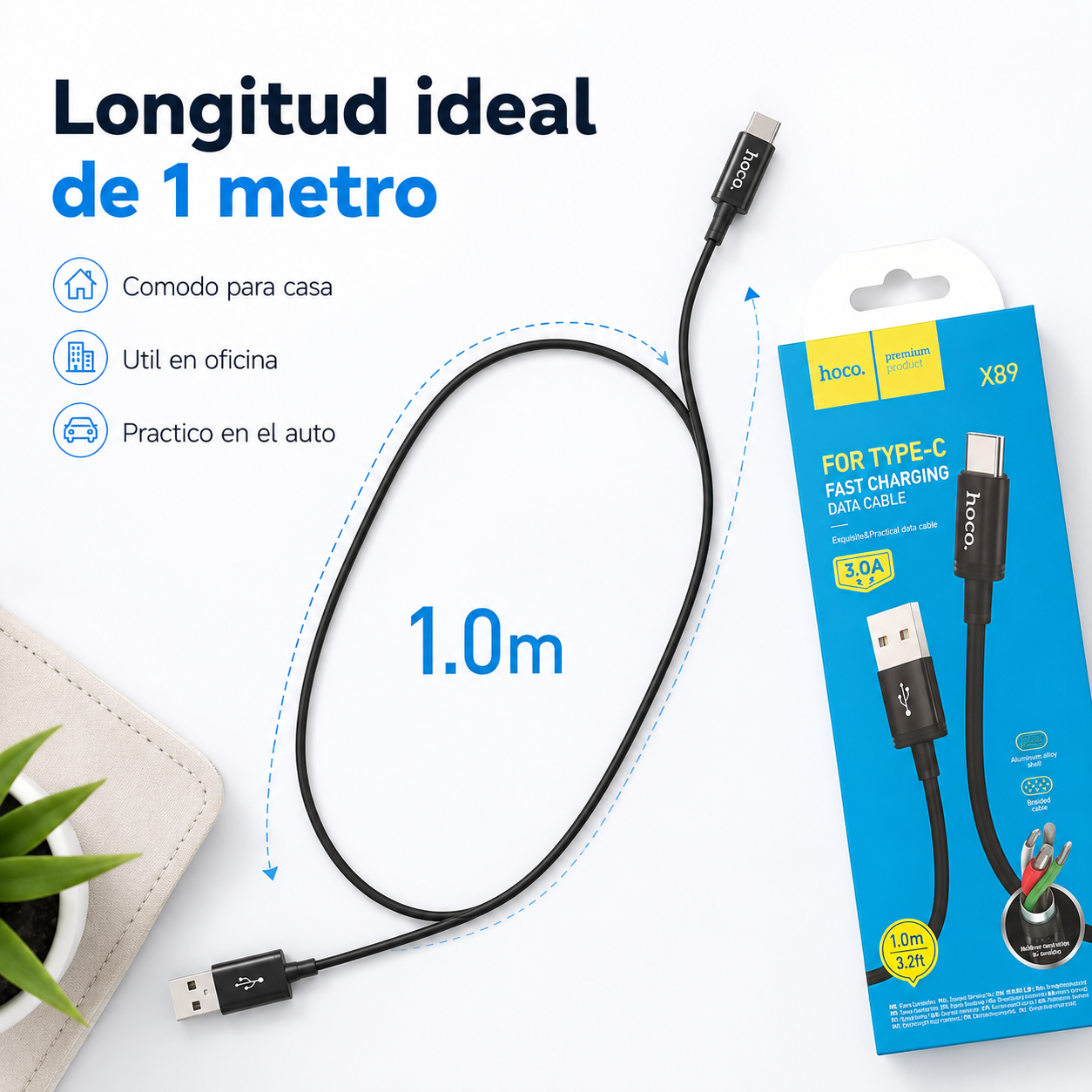 Cable USB A A USB C Hoco X89 Carga Rapida 3A 1 Metro Negro-6