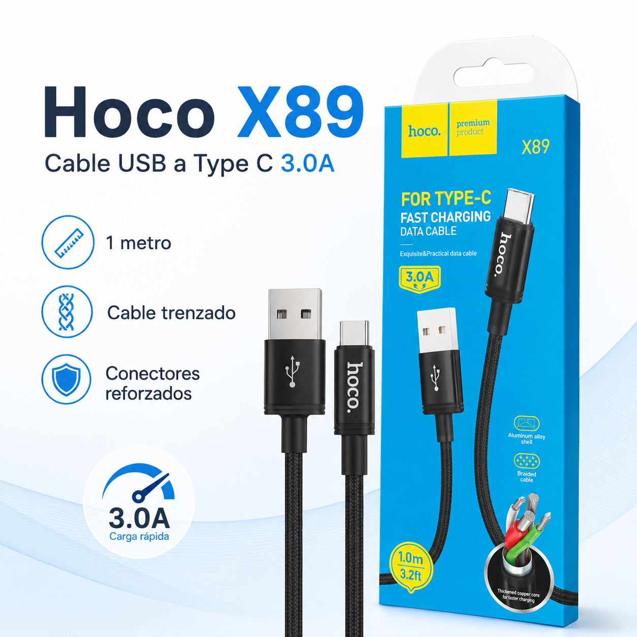Cable USB A A USB C Hoco X89 Carga Rapida 3A 1 Metro Negro-9