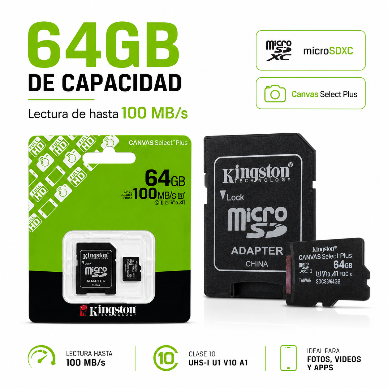 Memoria Kingston 64GB Micro SD 100MBs Con Adaptador SD-2