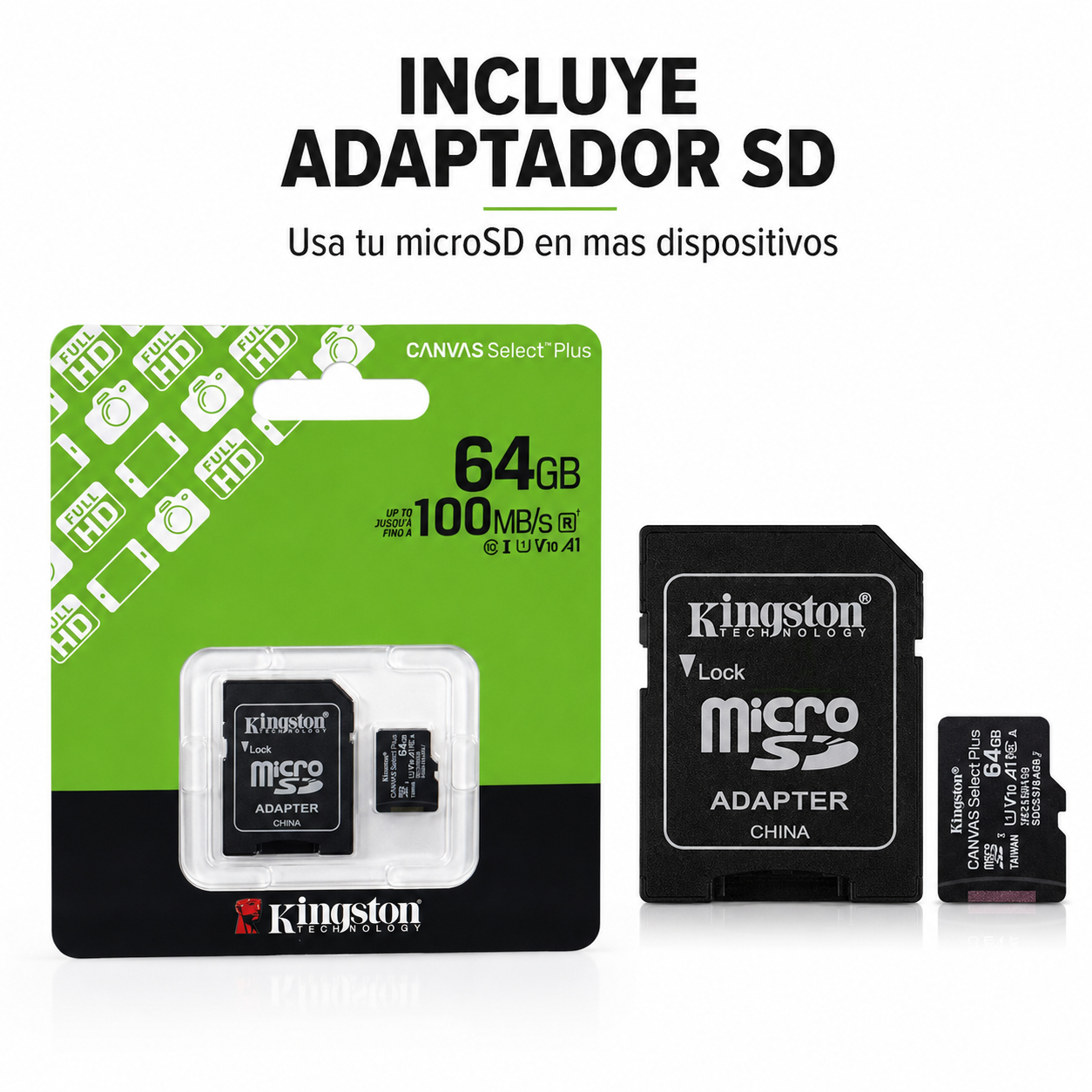 Memoria Kingston 64GB Micro SD 100MBs Con Adaptador SD-3