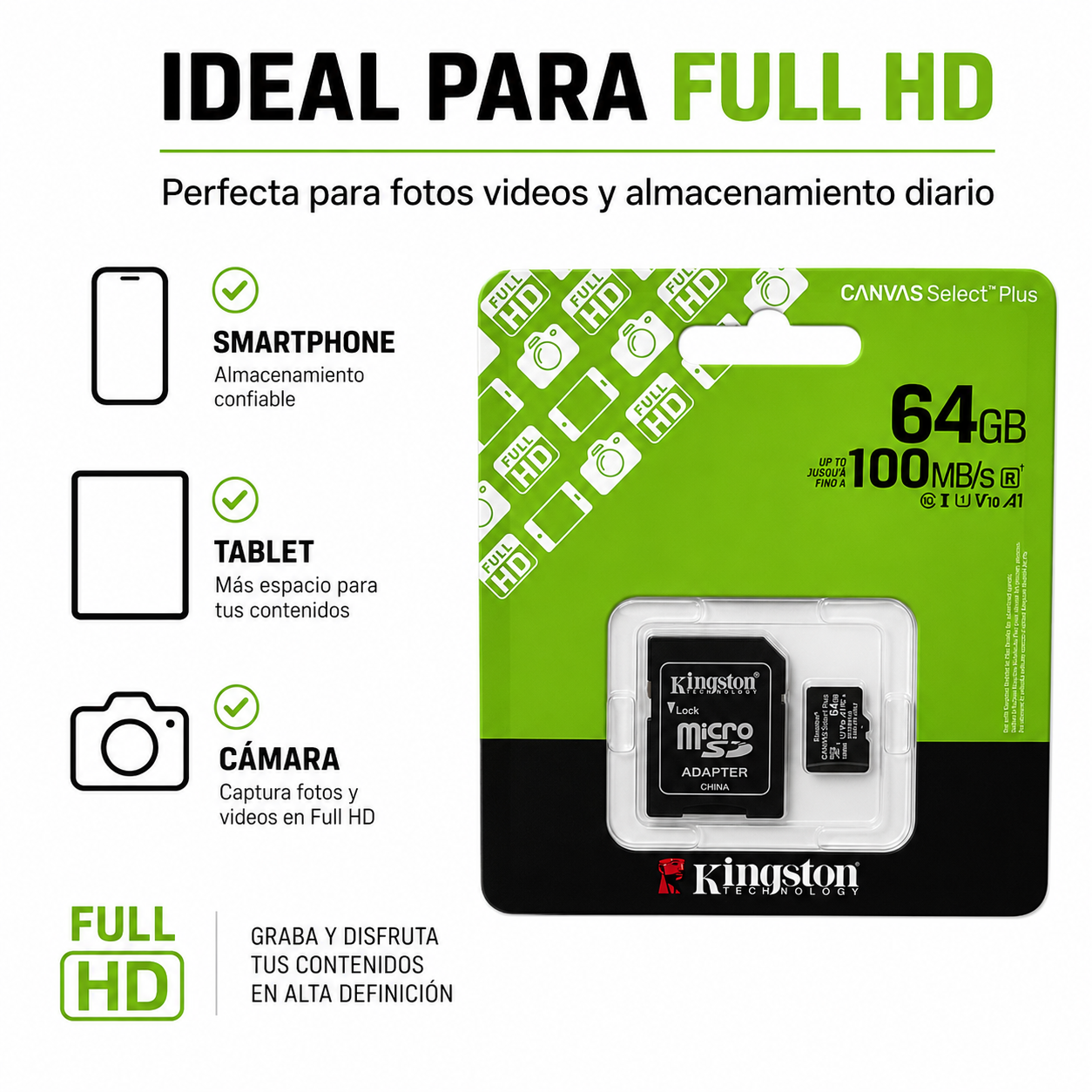 Memoria Kingston 64GB Micro SD 100MBs Con Adaptador SD-4