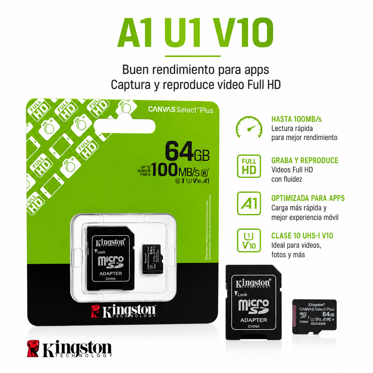 Memoria Kingston 64GB Micro SD 100MBs Con Adaptador SD-5