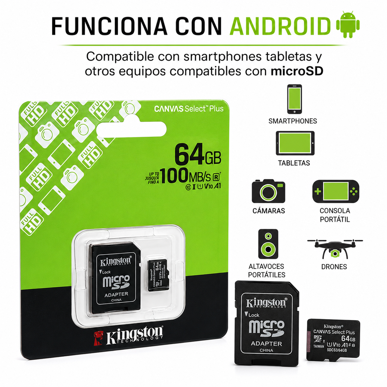 Memoria Kingston 64GB Micro SD 100MBs Con Adaptador SD-6