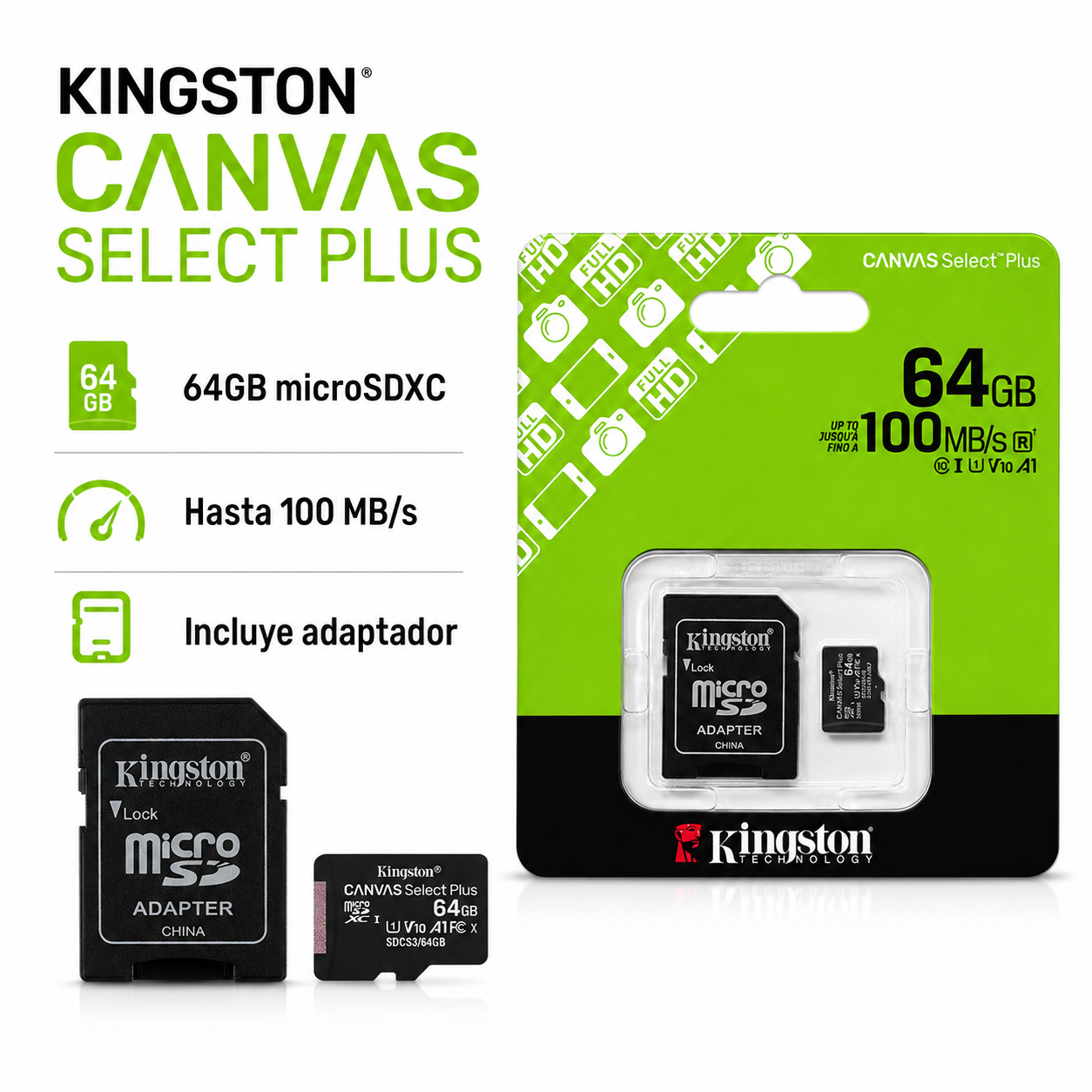 Memoria Kingston 64GB Micro SD 100MBs Con Adaptador SD-7