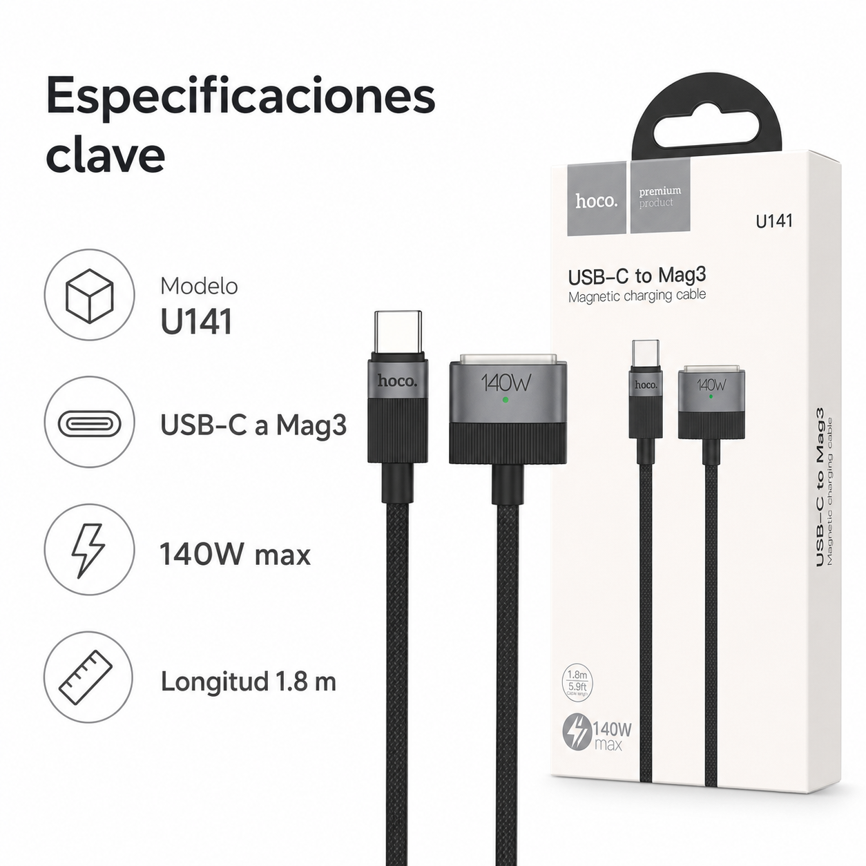 Cable USB C A MagSafe 3 Hoco U141 140W Para MacBook 1 8m-4