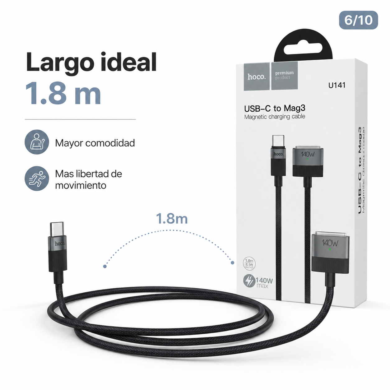 Cable USB C A MagSafe 3 Hoco U141 140W Para MacBook 1 8m-6