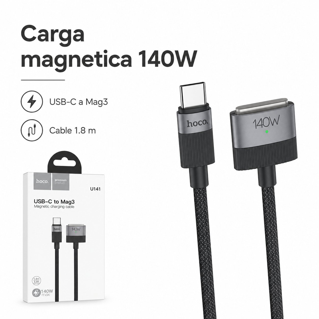 Cable USB C A MagSafe 3 Hoco U141 140W Para MacBook 1 8m-9
