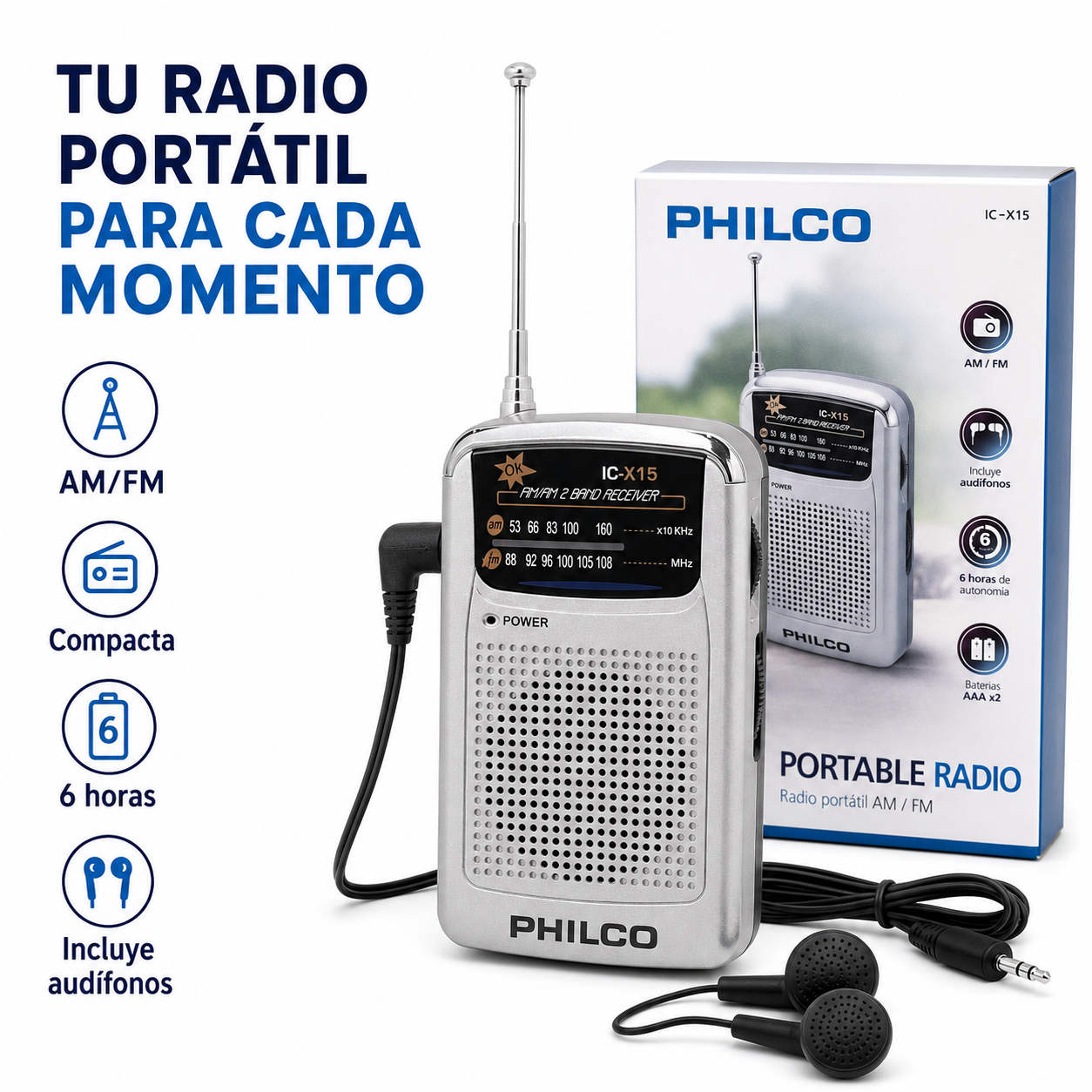 Radio Portatil AM FM Philco con Audifonos-9
