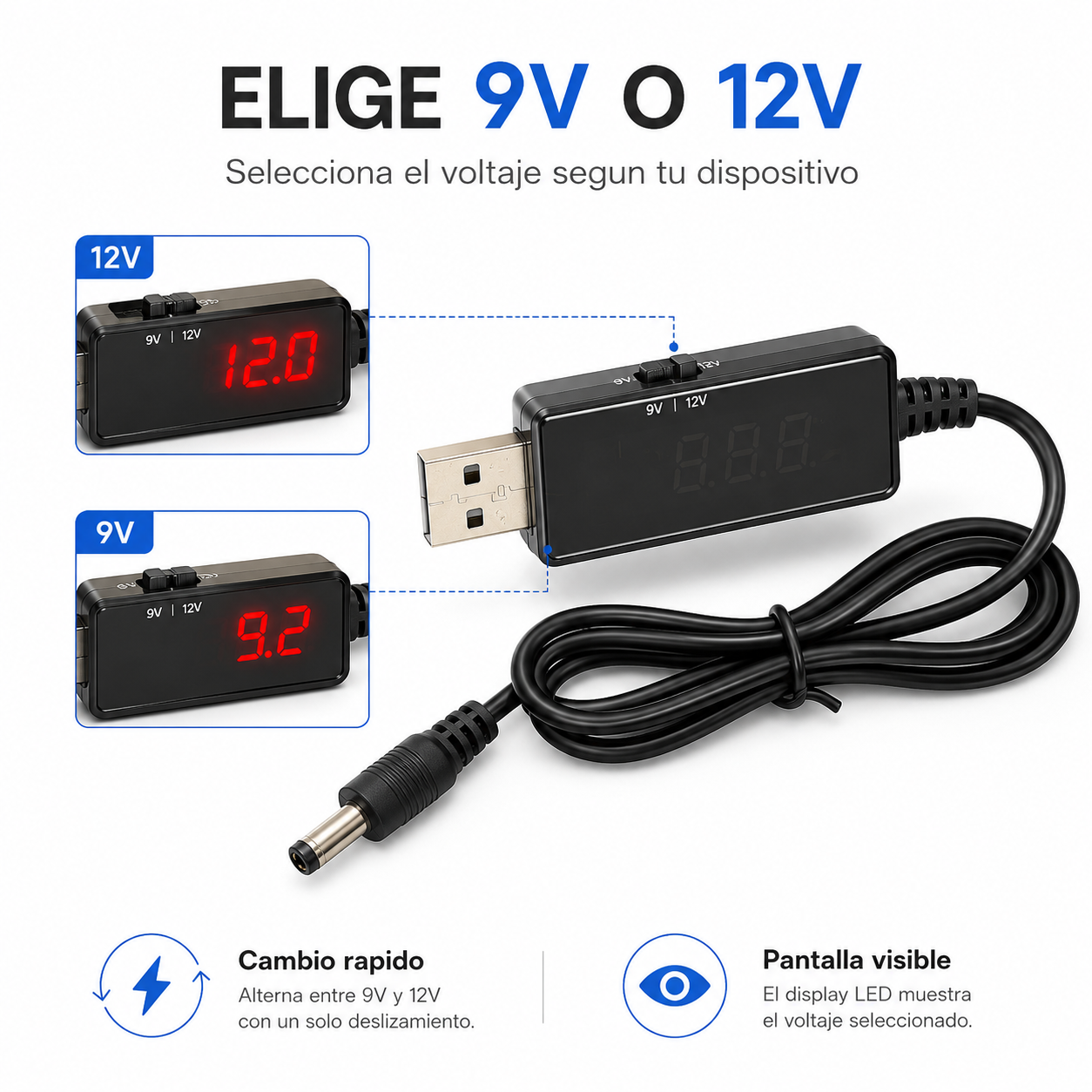 Convertidor Voltaje USB A DC 9V 12V Con Selector Y Display-7