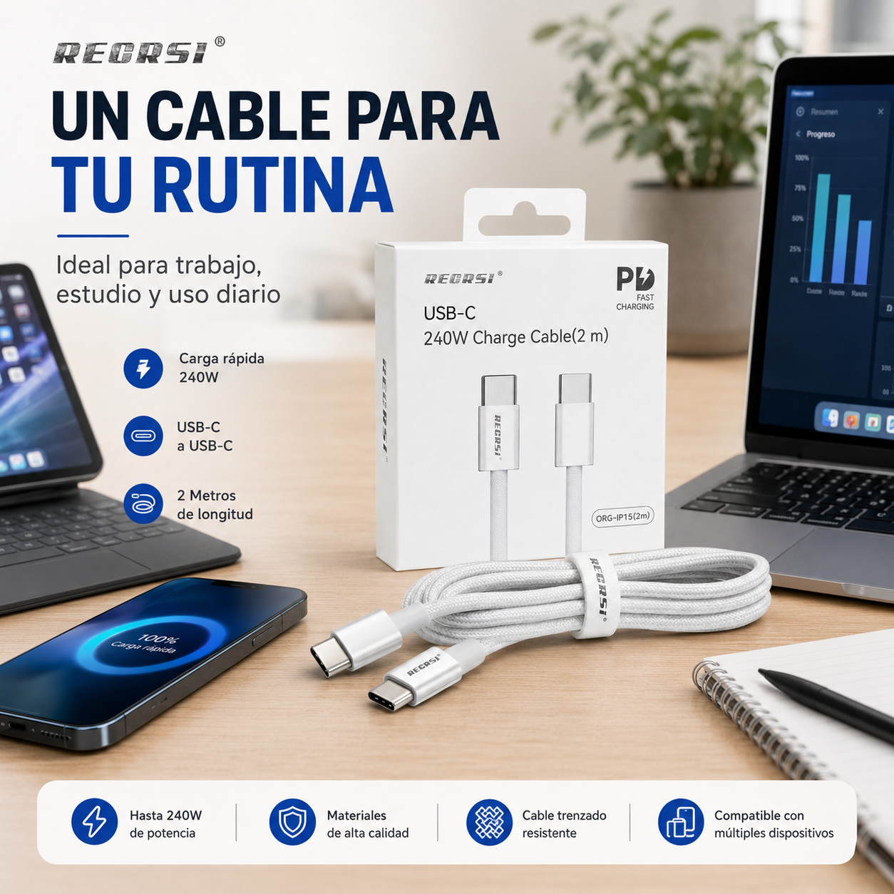 Cable Tipo C 240W Carga Rapida Trenzado 2 Metros-9