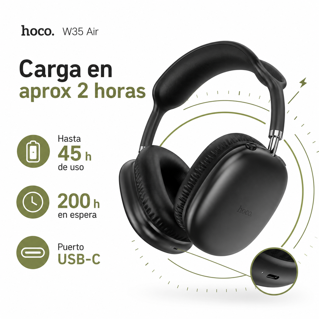 Audifonos Bluetooth Hoco W35 Air Hi Fi 45H Bluetooth 53-7