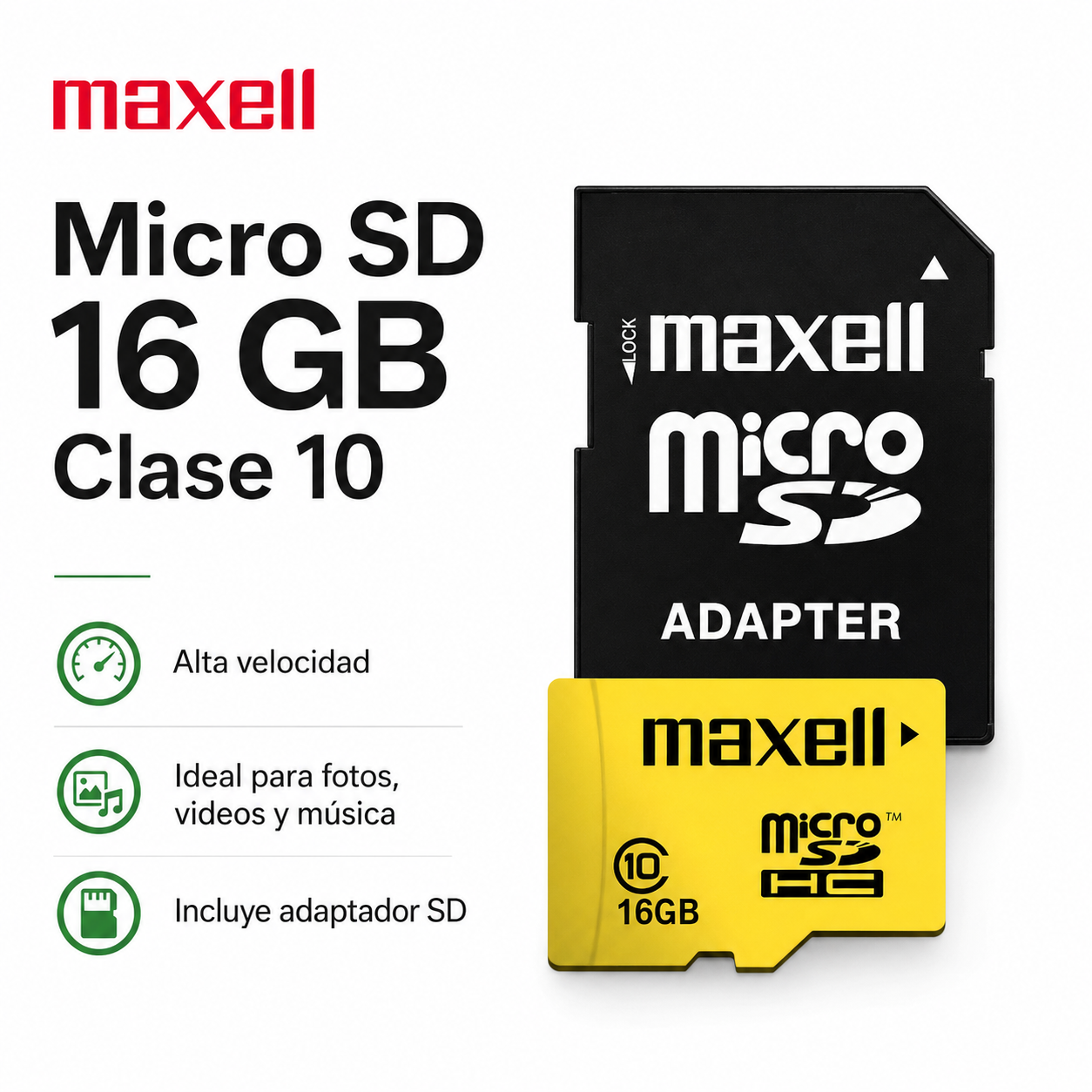Tarjeta Micro SDHC Maxell 16GB Clase 10 Incluye Adaptador-2