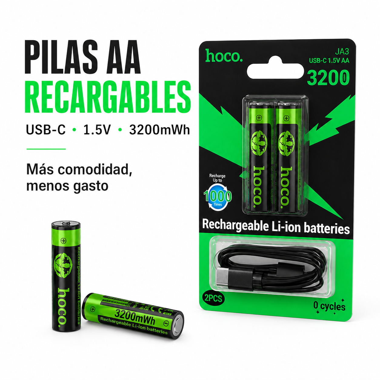 Pilas Recargables AA USB C 3200mWh Pack 2 Con Cable Hoco-2
