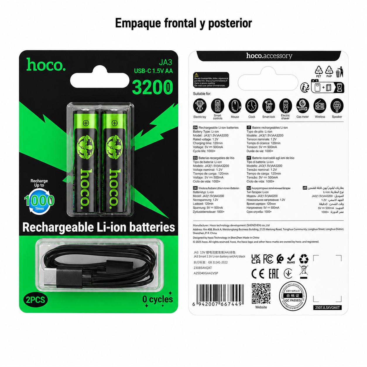 Pilas Recargables AA USB C 3200mWh Pack 2 Con Cable Hoco-3