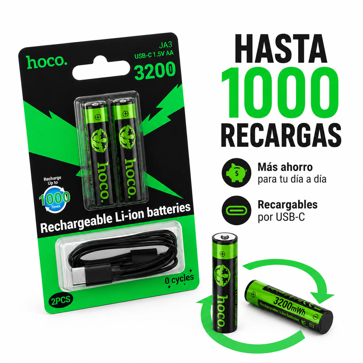 Pilas Recargables AA USB C 3200mWh Pack 2 Con Cable Hoco-4