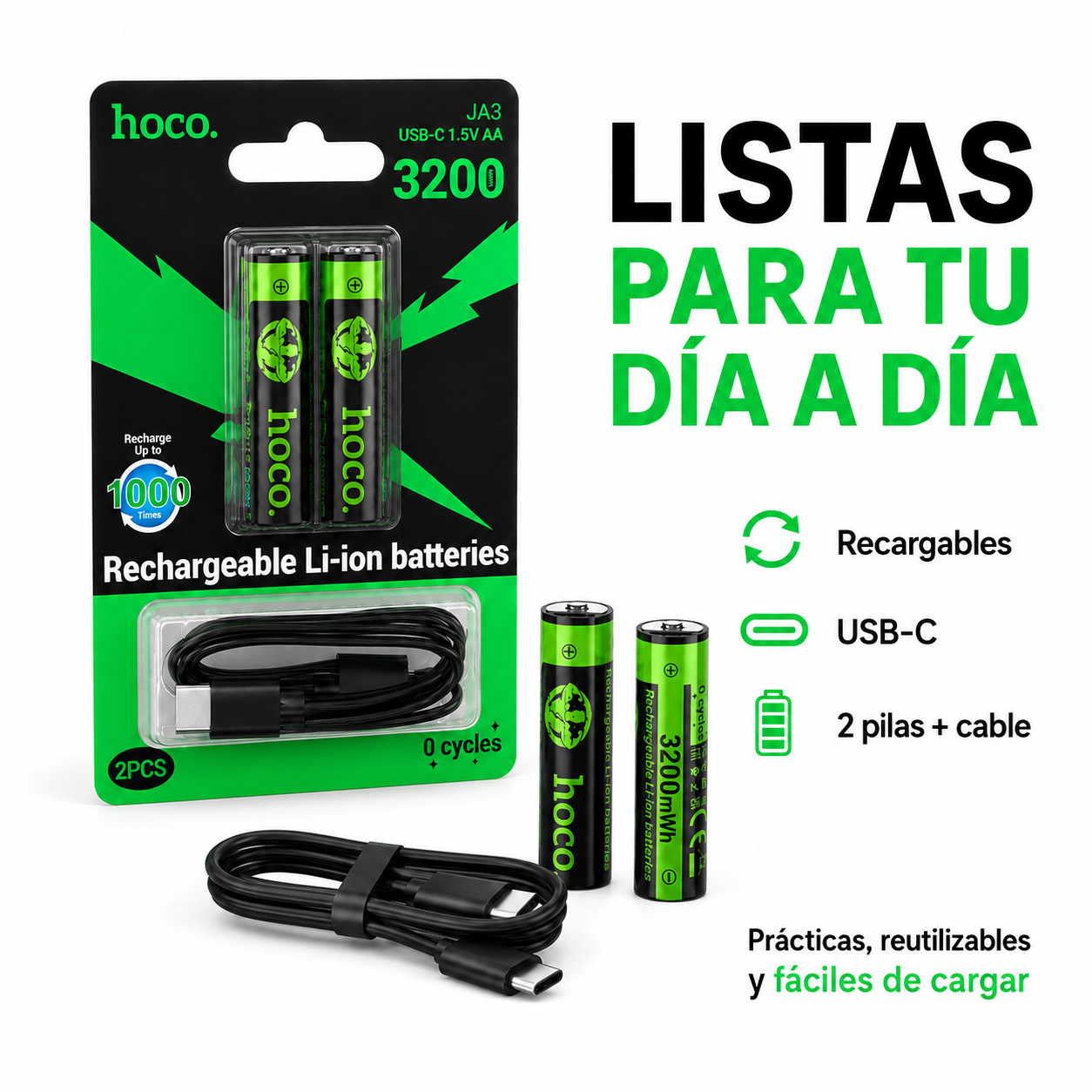 Pilas Recargables AA USB C 3200mWh Pack 2 Con Cable Hoco-5