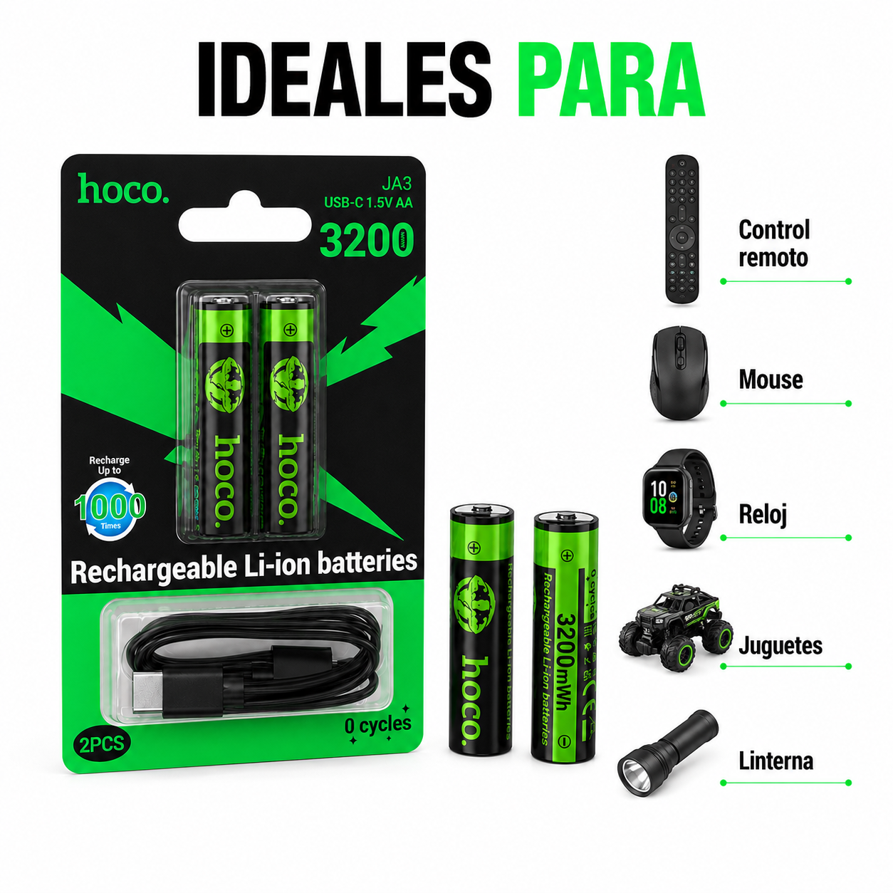 Pilas Recargables AA USB C 3200mWh Pack 2 Con Cable Hoco-7