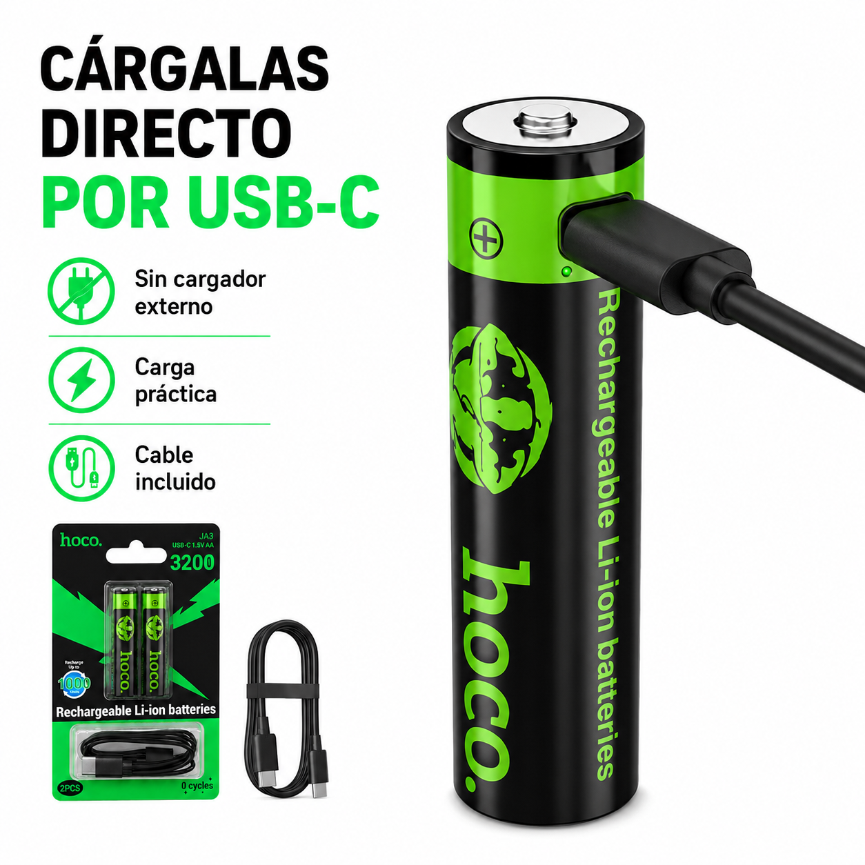 Pilas Recargables AA USB C 3200mWh Pack 2 Con Cable Hoco-9