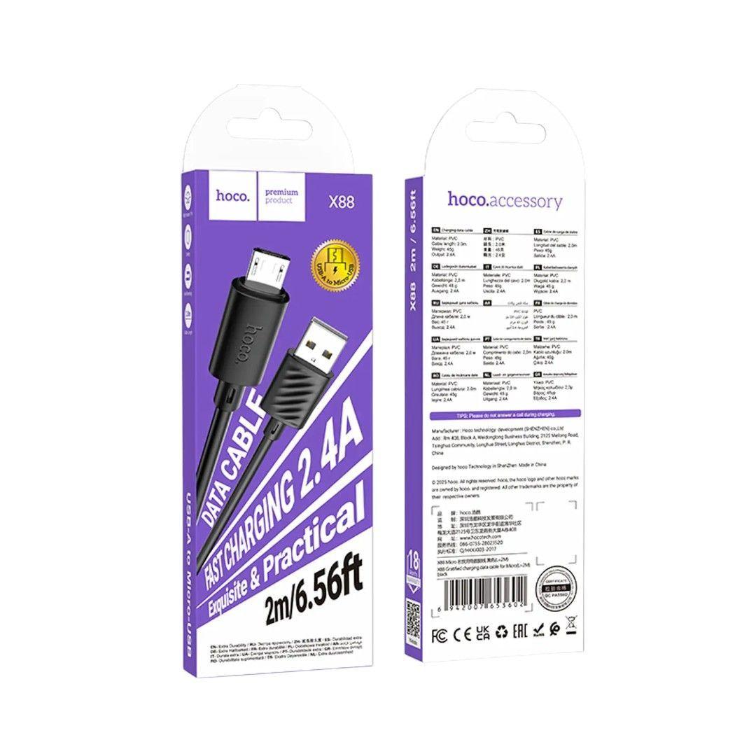 Cable Hoco X88 Gratified Micro‑USB 2 m 2.4 A Negro – Resistente y Rápido-3