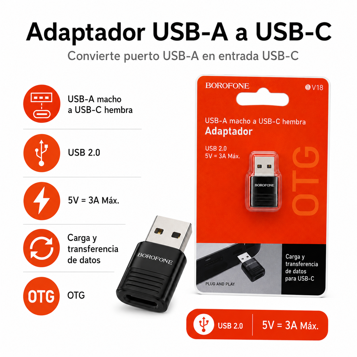 Adaptador USB A Macho A USB C Hembra OTG Borofone-2