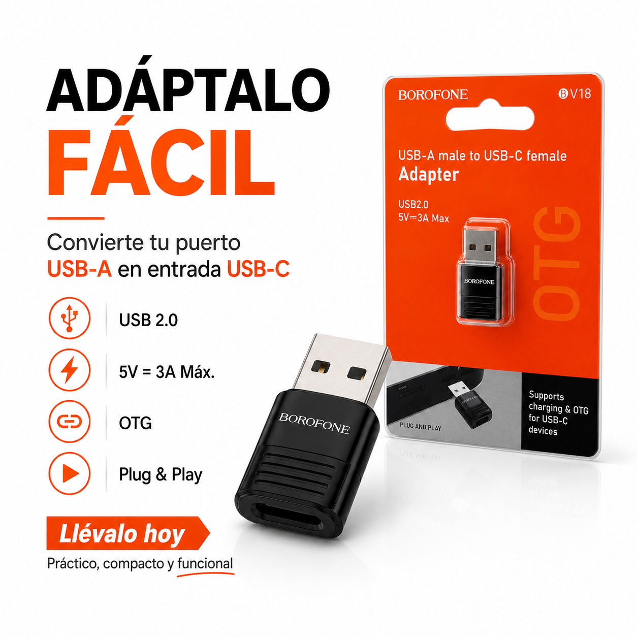 Adaptador USB A Macho A USB C Hembra OTG Borofone-9