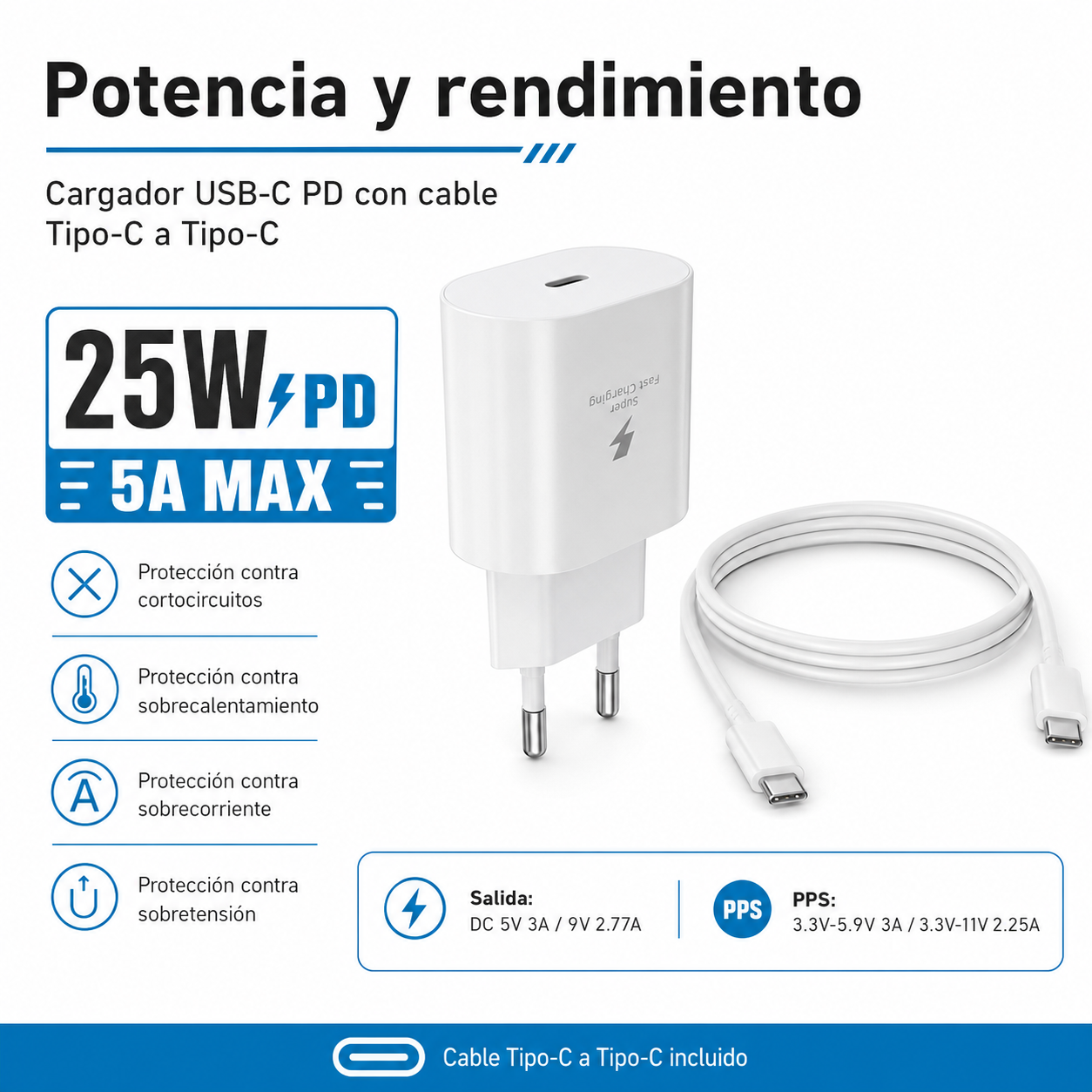 Cargador 25W Power Delivery USB C Con Cable Tipo C-5