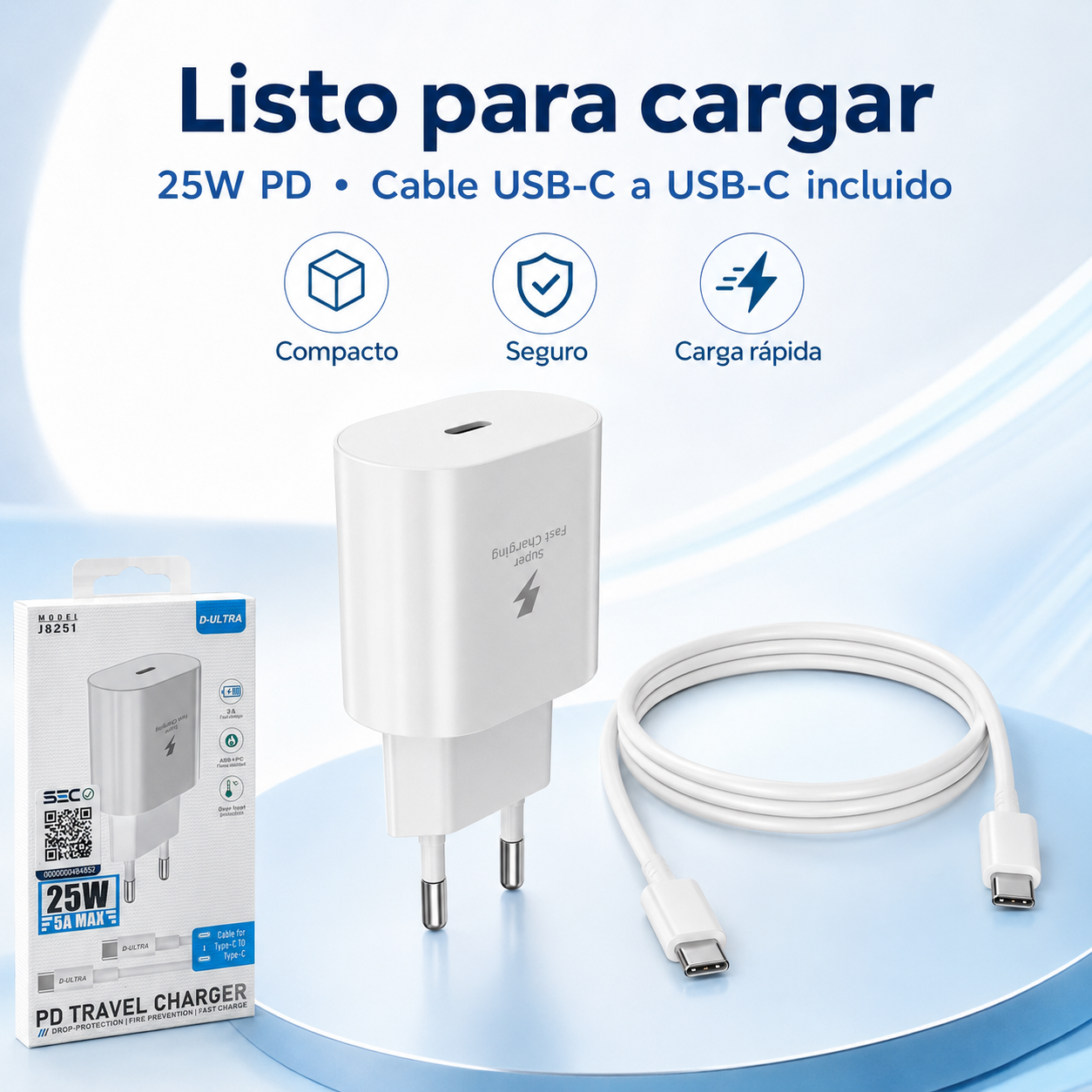 Cargador 25W Power Delivery USB C Con Cable Tipo C-8