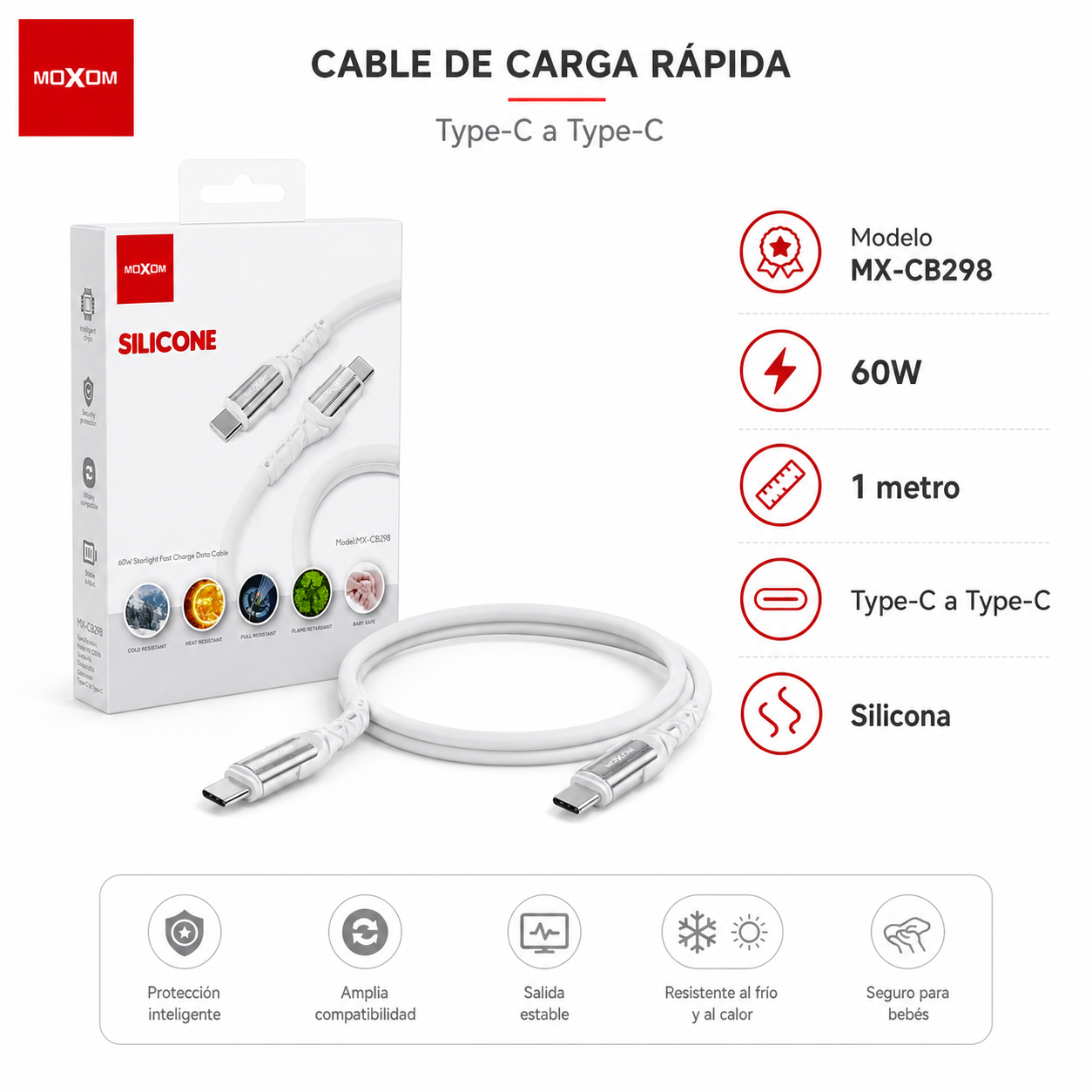 Cable Tipo C A Tipo C 60W Moxom Silicona 1 Metro-2